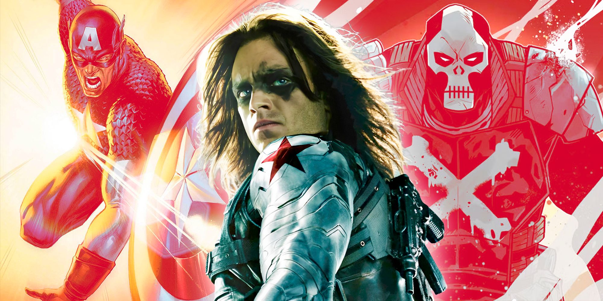 Sebastian Stan as Bucky Barnes with comics of Captain America and Crossbones in the background