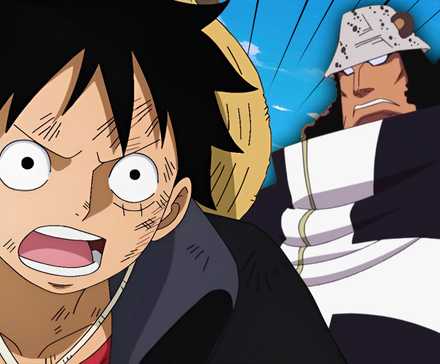 Удивленный Луффи рядом с Бартоломео Кумой из One Piece