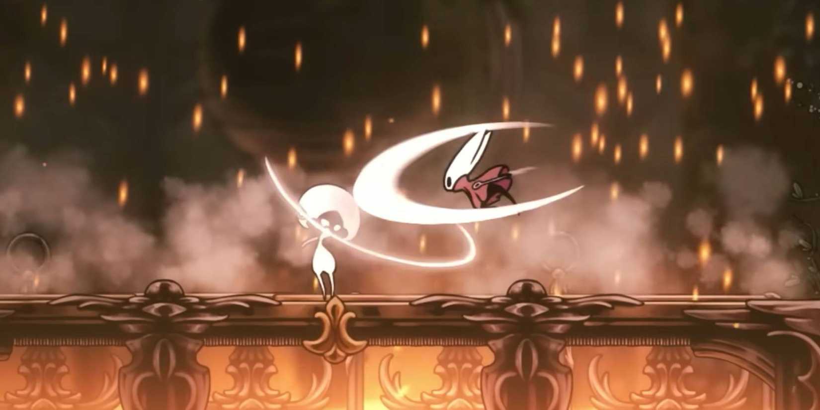 Hornet in Hollow Knight: Silksong fighting a white boss.