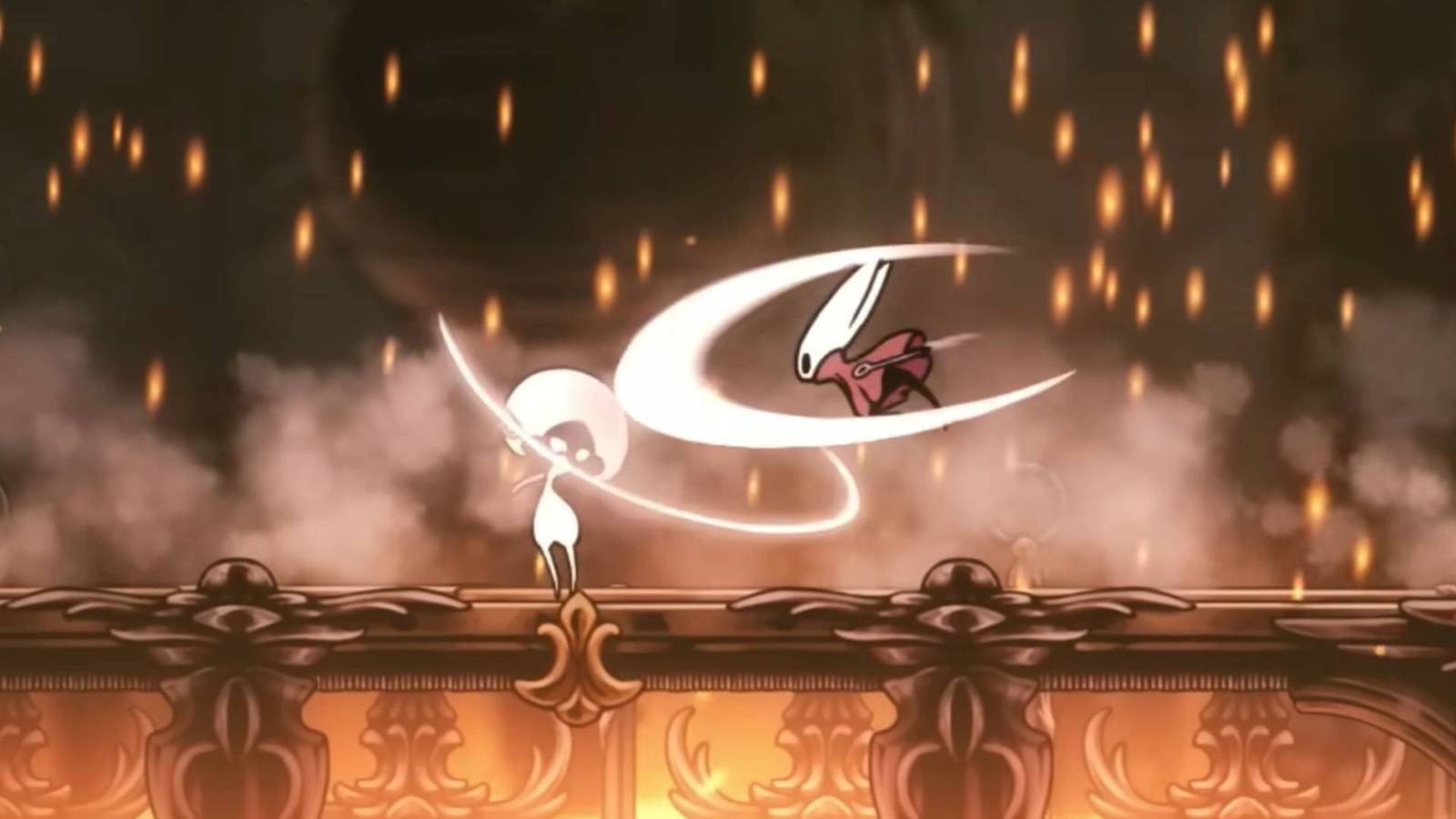 Hornet in Hollow Knight: Silksong fighting a white boss.