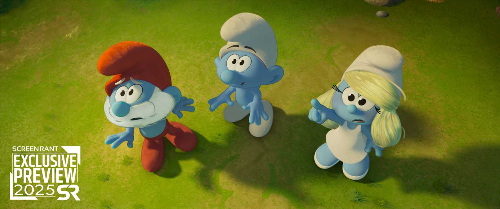 Папа Смурф, No Name и Смурфетта смотрят в небо с ужасом в фильме "Смурфы 2025"