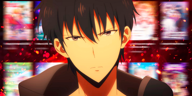 Solo Leveling - Sung Jinwoo looking mad with anime covers in the background