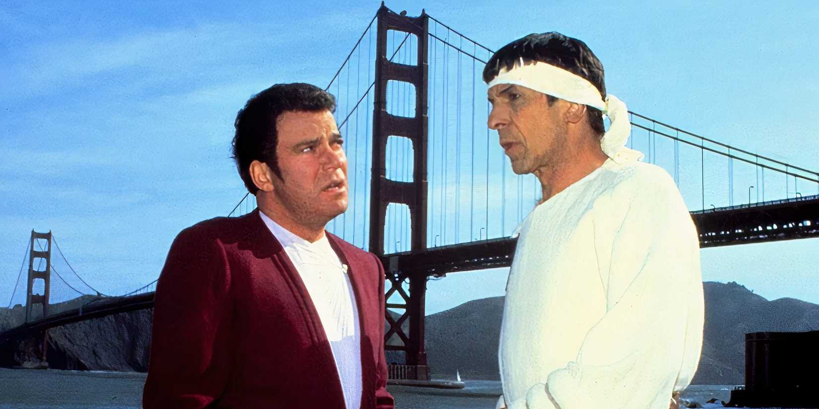 Kirk and Spock talk while standing in front of the Golden Gate Bridge in Star Trek IV: The Voyage Home