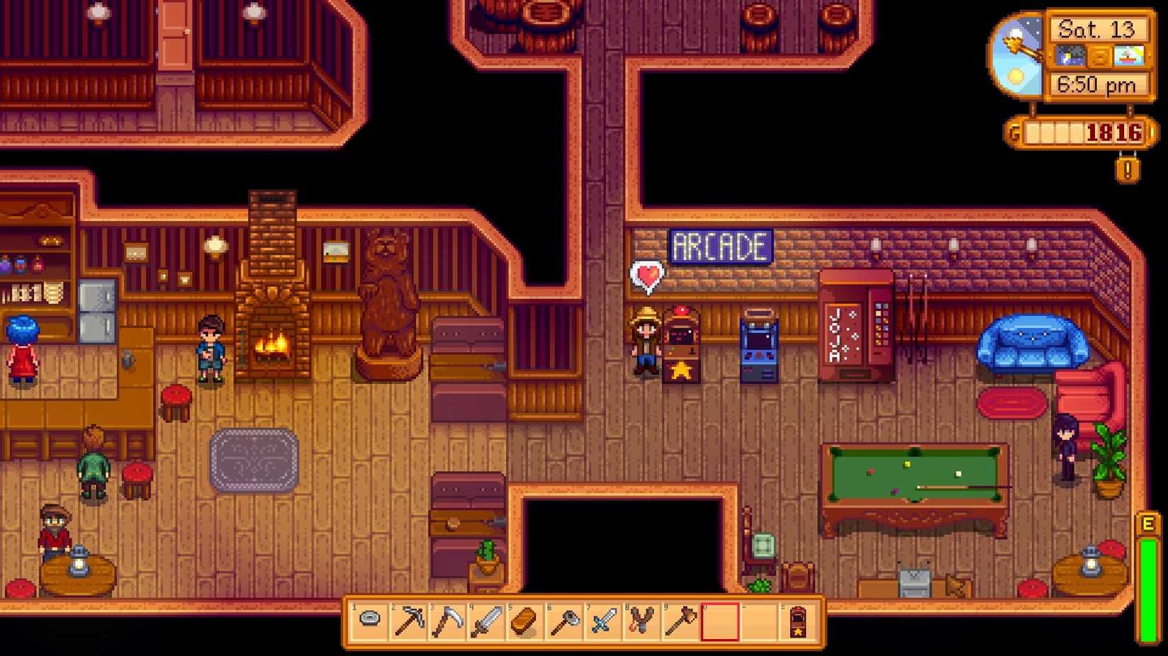 Stardew Valley's Saloon interior with arcade games