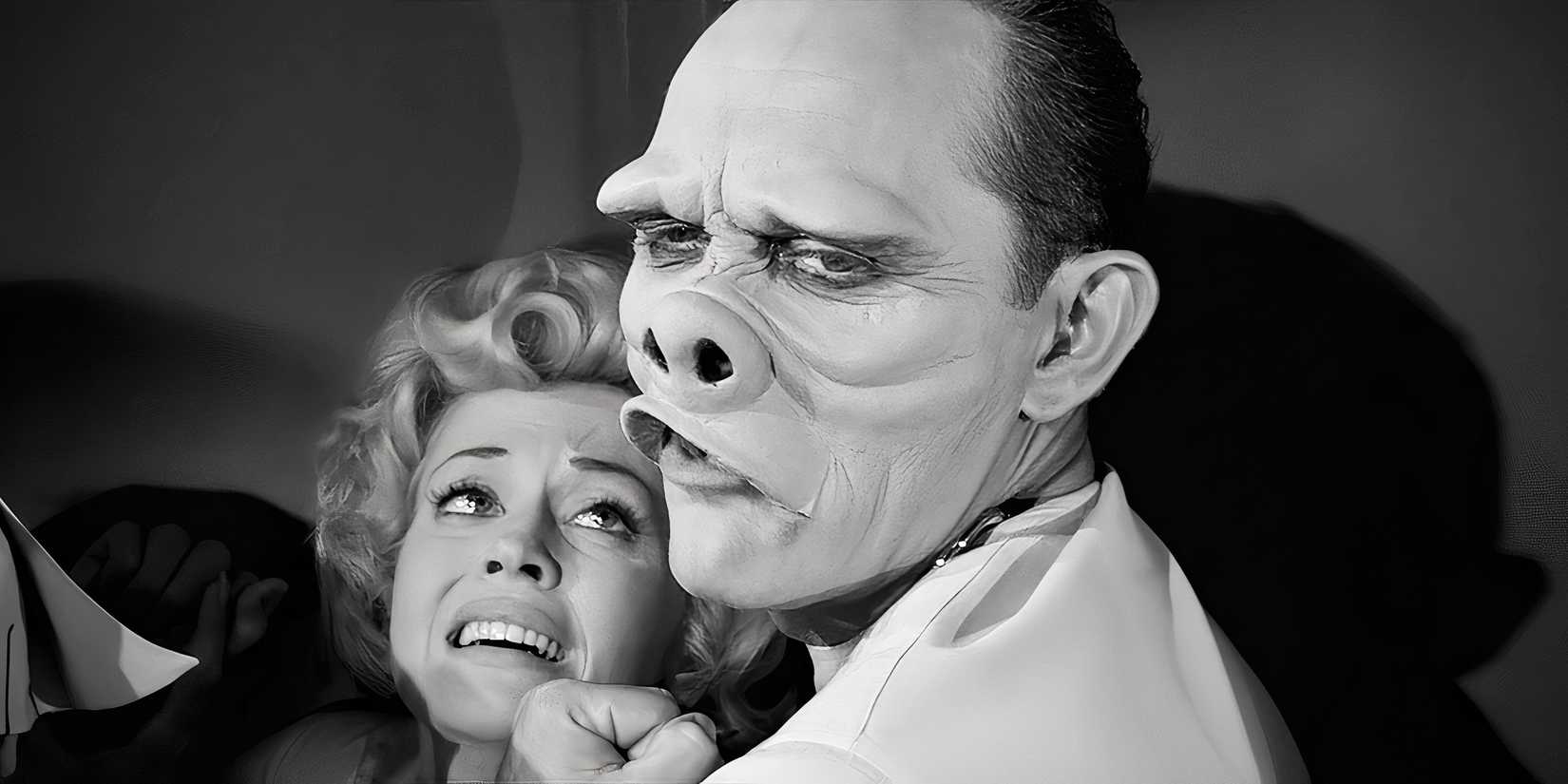 A still from The Twilight Zone The Eyes Of The Beholder showing a terrified woman being held by a doctor with a monstrous face