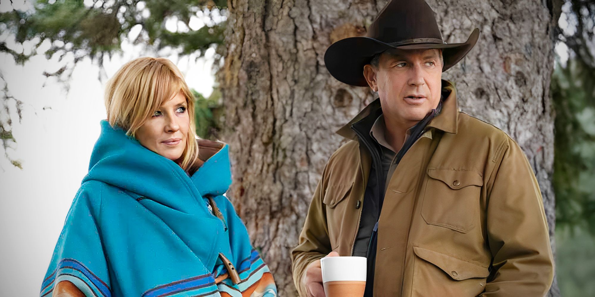 Kelly Reilly and Kevin Costner as Beth and John Dutton looking off into the distance in Yellowstone