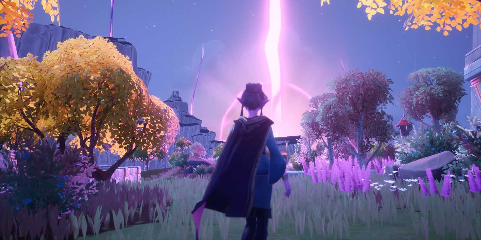 Subira with her back to the camera staring at bursts of magic Flow in Palia Elderwood trailer