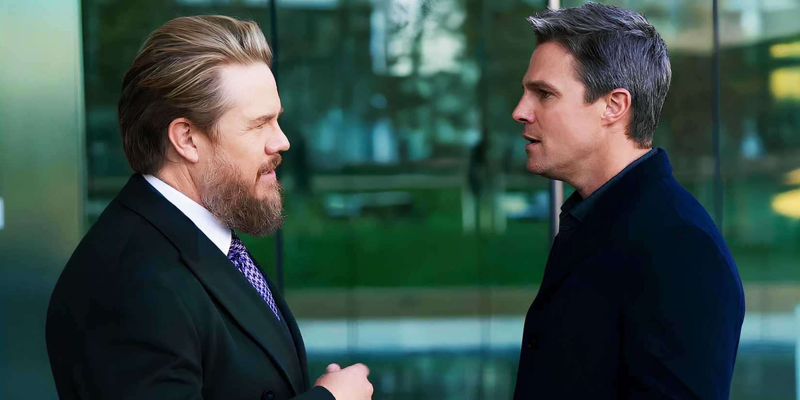 Josh McDermitt as Stuart Lane and Stephen Amell as Ted Black in Suits LA