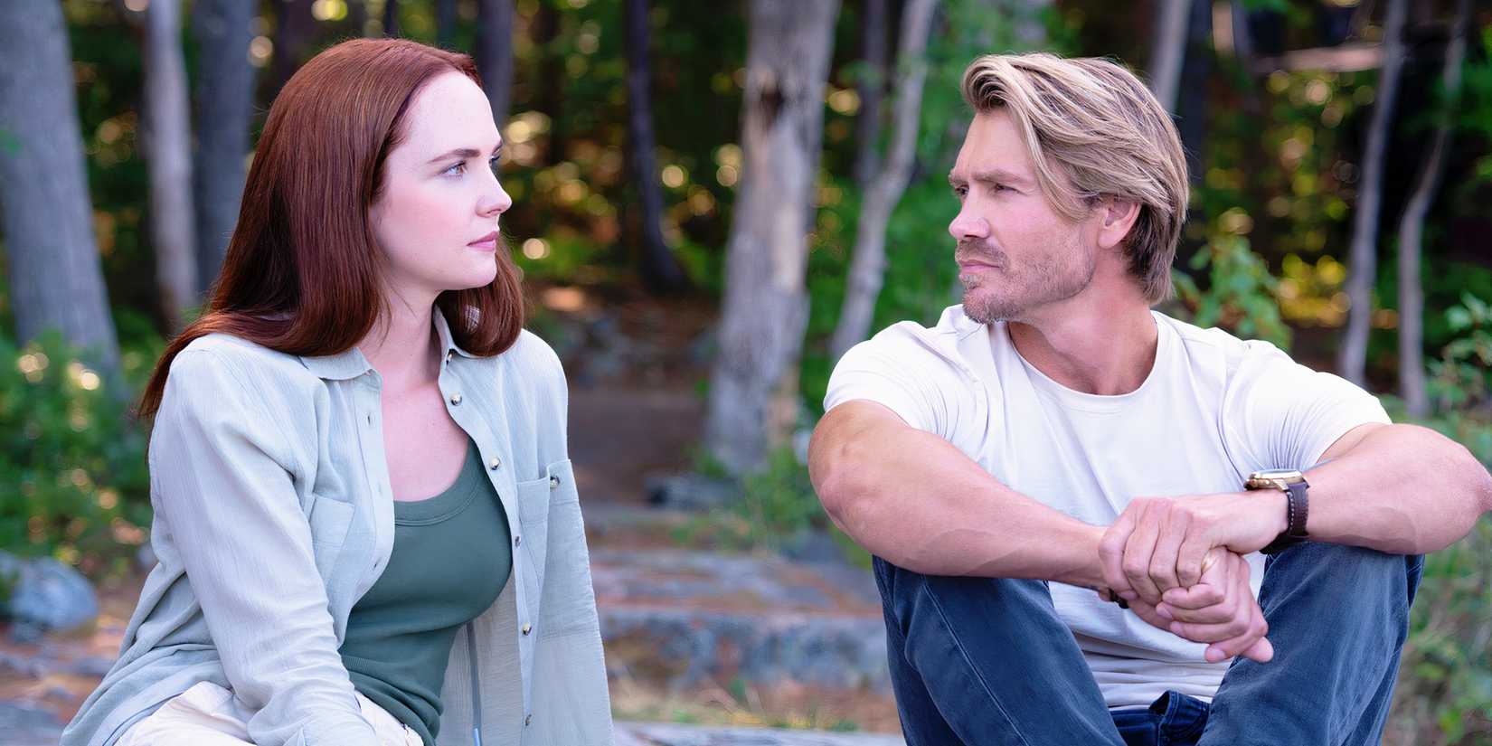 Morgan Kohan as Maggie and Chad Michael Murray as Cal in Sullivan's Crossing sitting and talking