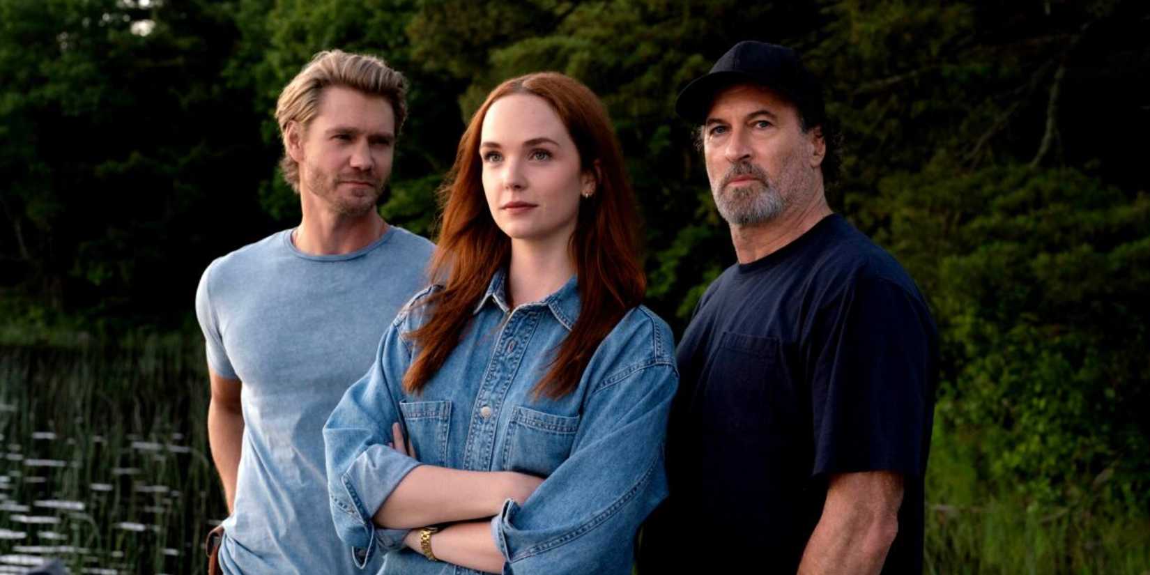 Chad Michael Murray, Morgan Kohan, and Scott Patterson standing by the water in a promotional image for Sullivan's Crossing