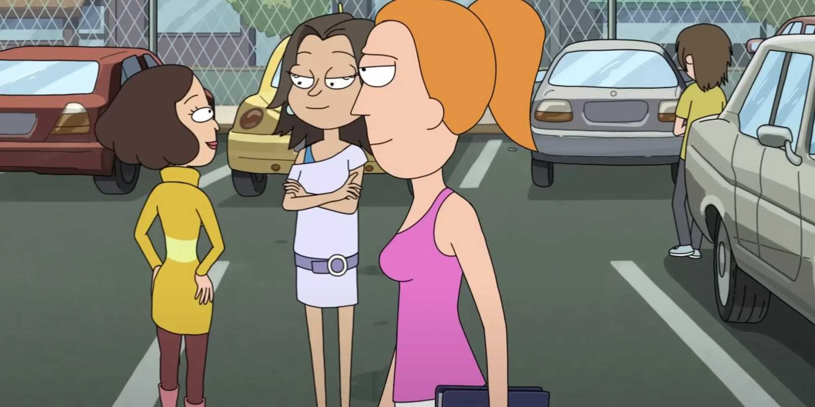 Summer walking through a parking lot in Rick and Morty