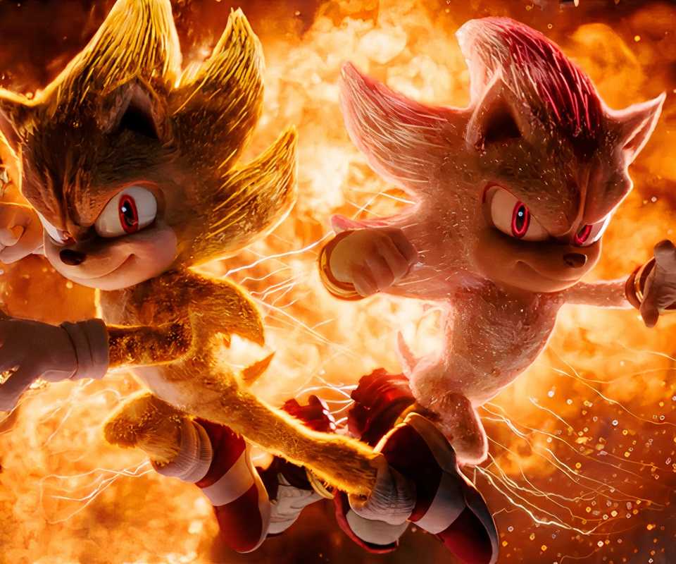Super Sonic and Super Shadow in Sonic the Hedgehog 3 with an explosion behind them