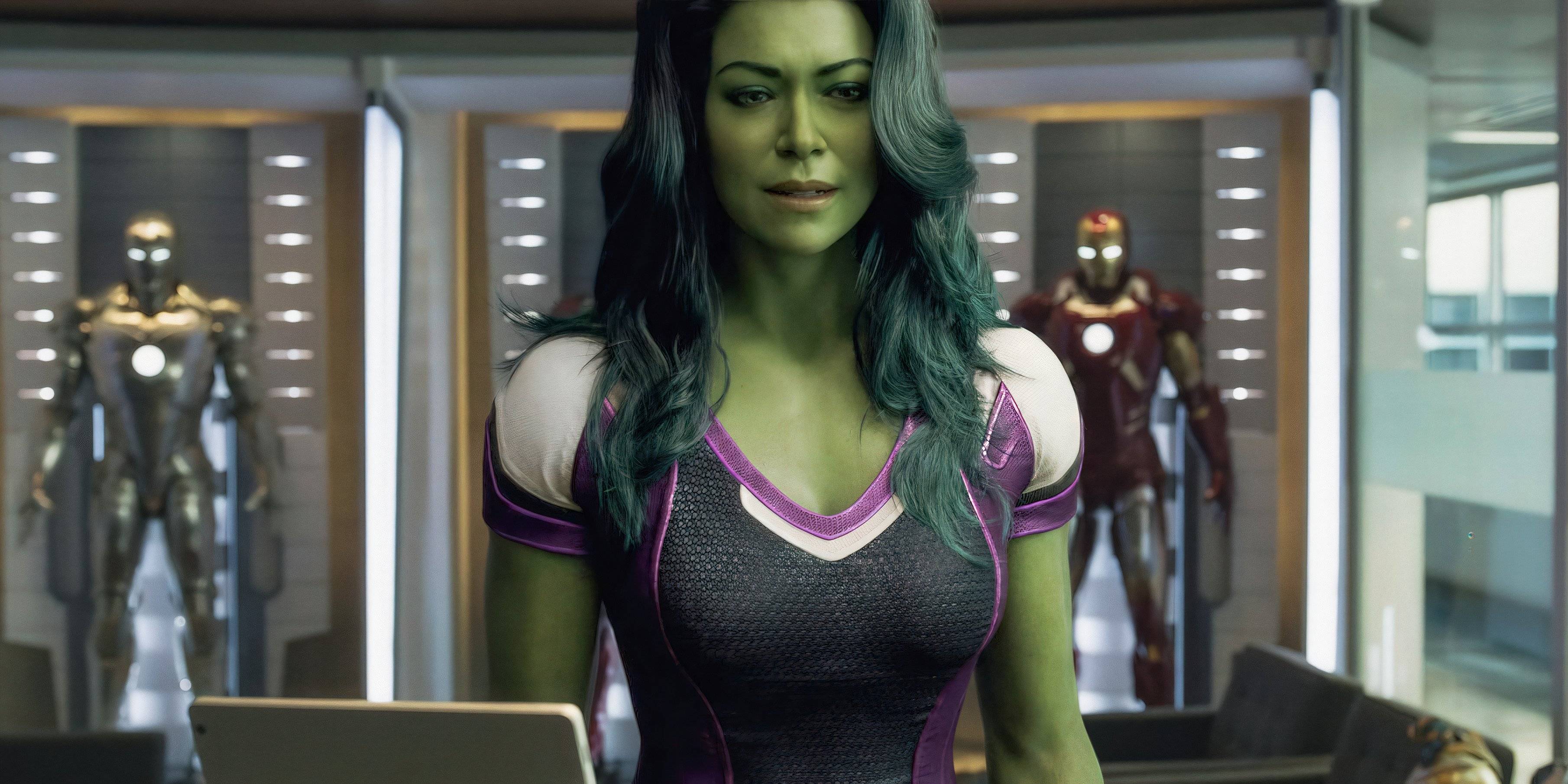 She-Hulk surrounded by Iron Man's armors in Attorney at Law