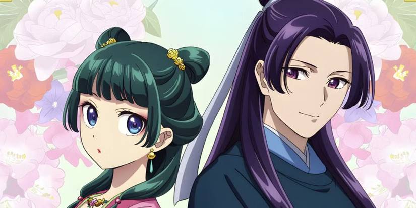 The Apothecary Diaries' Maomao and Jinshi posing next to each other back to back with a floral motif behind them.