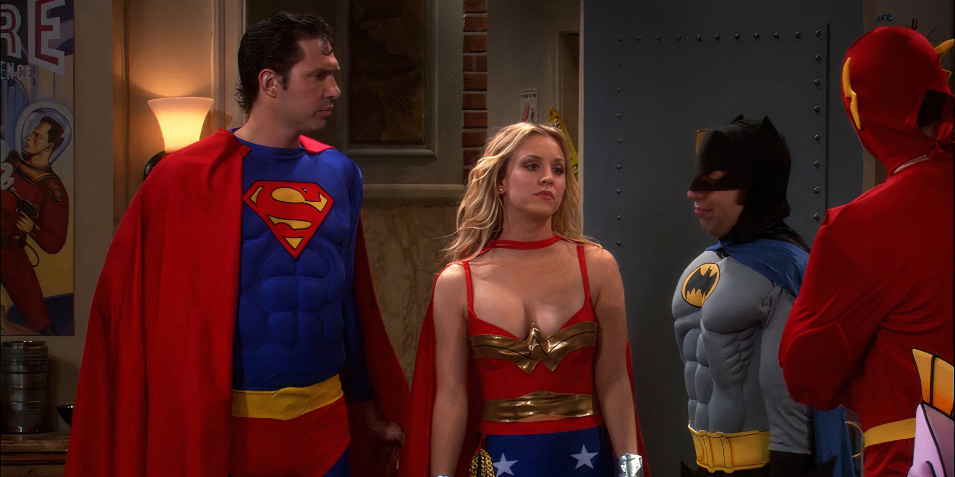 Zack (Brian Thomas Smith) as Superman as Penny (Kaley Cuoco) as Wonder Woman in The Big Bang Theory