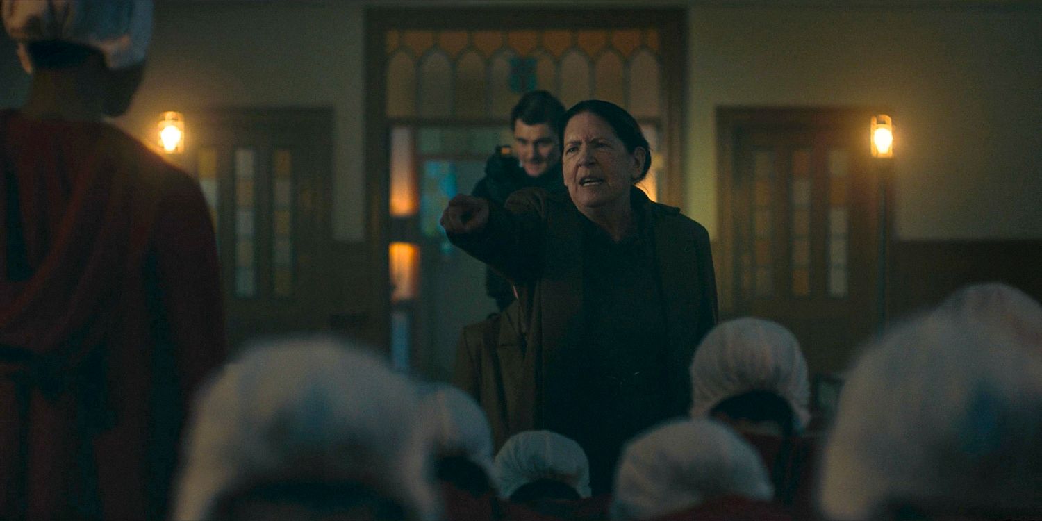 Aunt Lydia (Ann Dowd) pointing her finger at one of the handmaids in The Handmaid's Tale Season 6 Ep 8