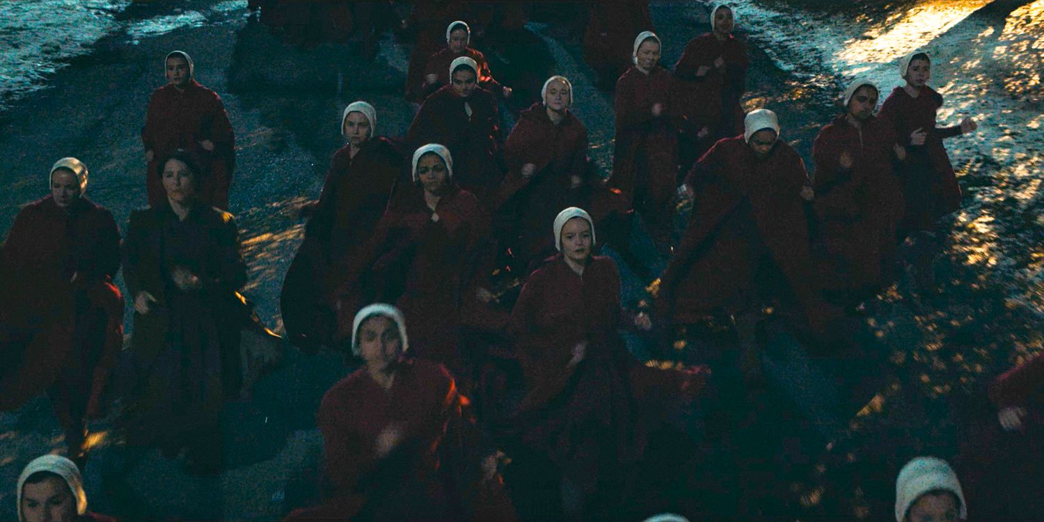 The freed handmaids running through New Bethlehem in The Handmaid's Tale Season 6 Ep 8