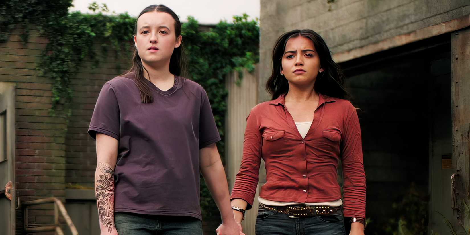 Ellie and Dina holding hands in The Last of Us season 2