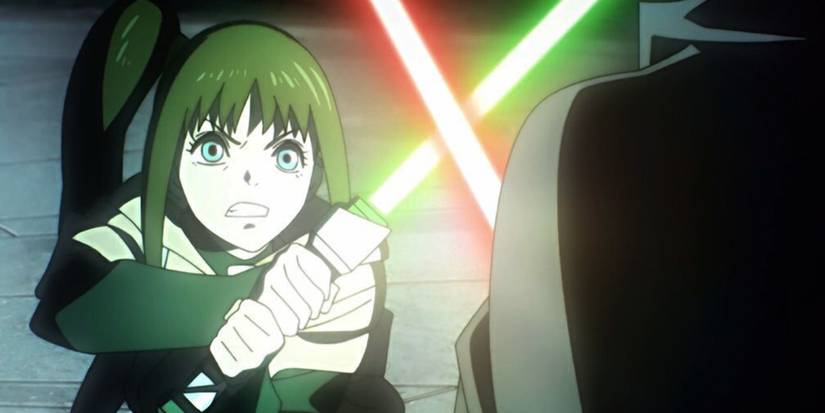 Kara wielding a green lightsaber as the Ninth Jedi in Star Wars: Visions Volume 1 