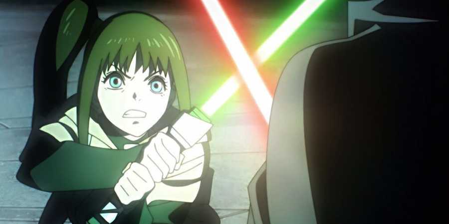 Kara wielding a green lightsaber as the Ninth Jedi in Star Wars: Visions Volume 1