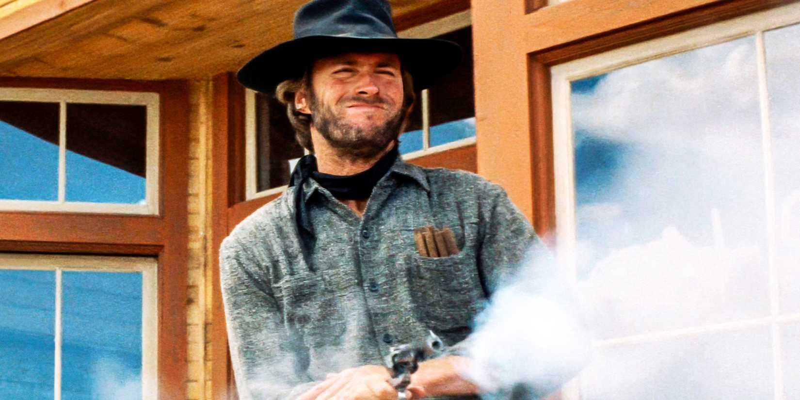 Clint Eastwood as The Stranger from High Plains Drifter firing his gun.