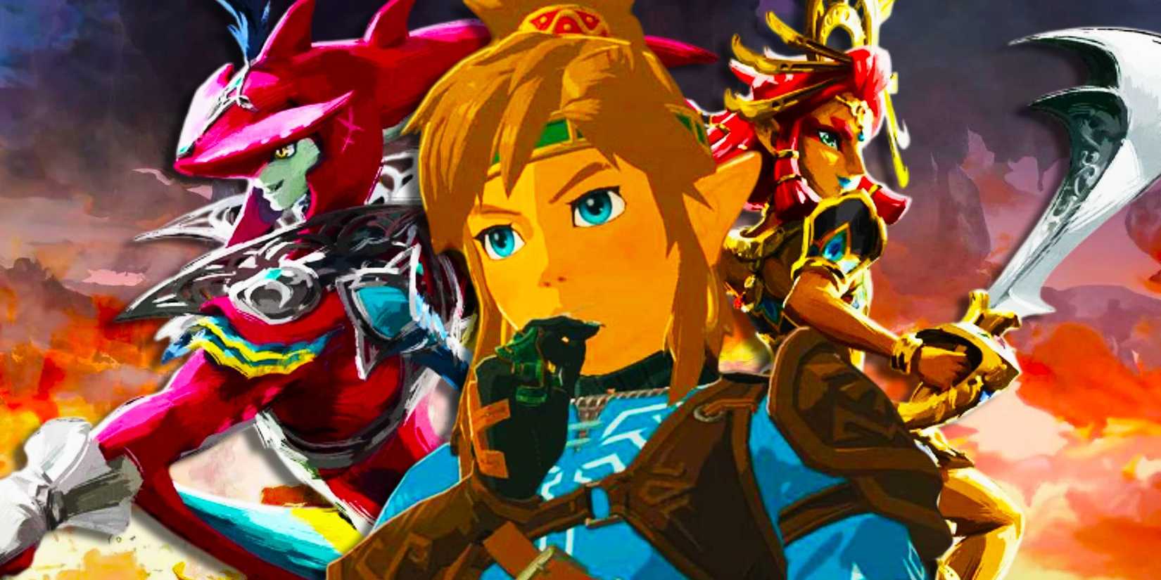 Link looks contemplative in TOTK with Sidon and Riju behind him.