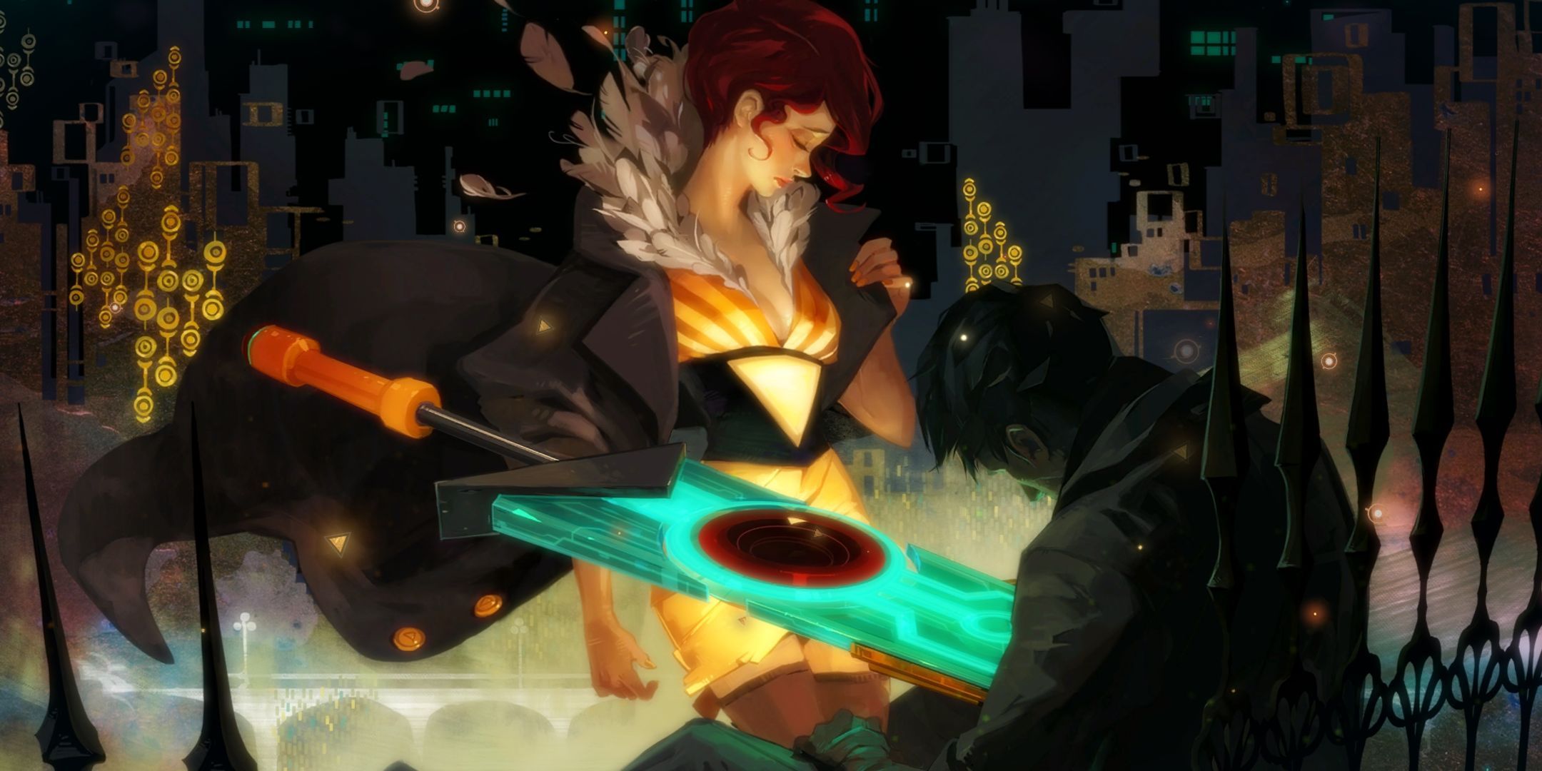 Transistor Cover Art from the Steam Page of Red Mourning Her Bodyguard's Death.
