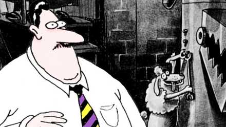 Far Side man looking surprised (foreground) as a poodle builds a murder robot (background)