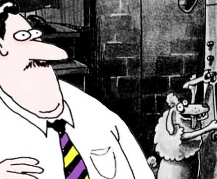 The Far Side Has the Best First Year in Comic History, and it's Not Close 1 Far Side man looking surprised (foreground) as a poodle builds a murder robot (background)