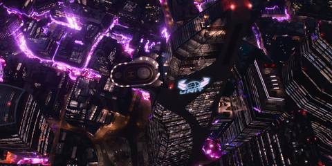 The city of London, including the UNIT building, being consumed by purple energy in Doctor Who's 