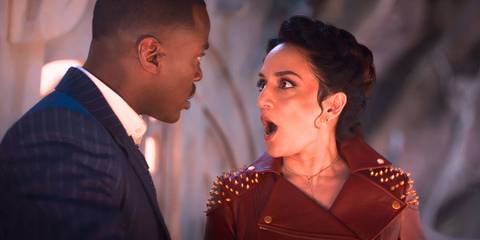 Archie Panjabi looking shocked as the Rani in Doctor Who as she speaks with Ncuti Gatwa's Fifteenth Doctor