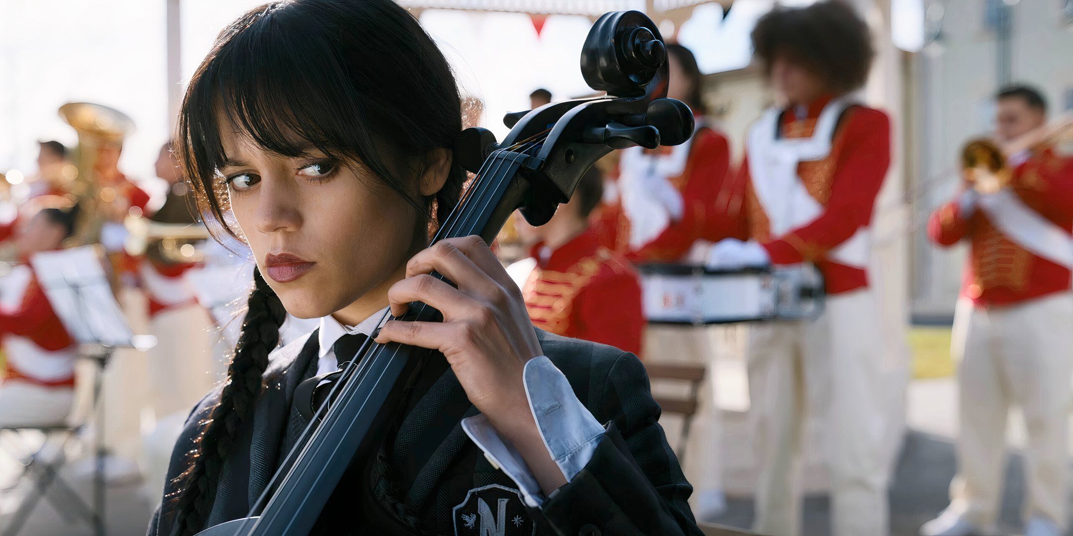 Jenna Ortega as Wednesday performing with marching band