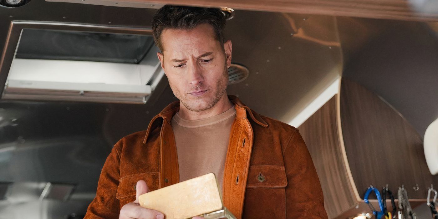 Colter looks pensively into a box in his Airstream