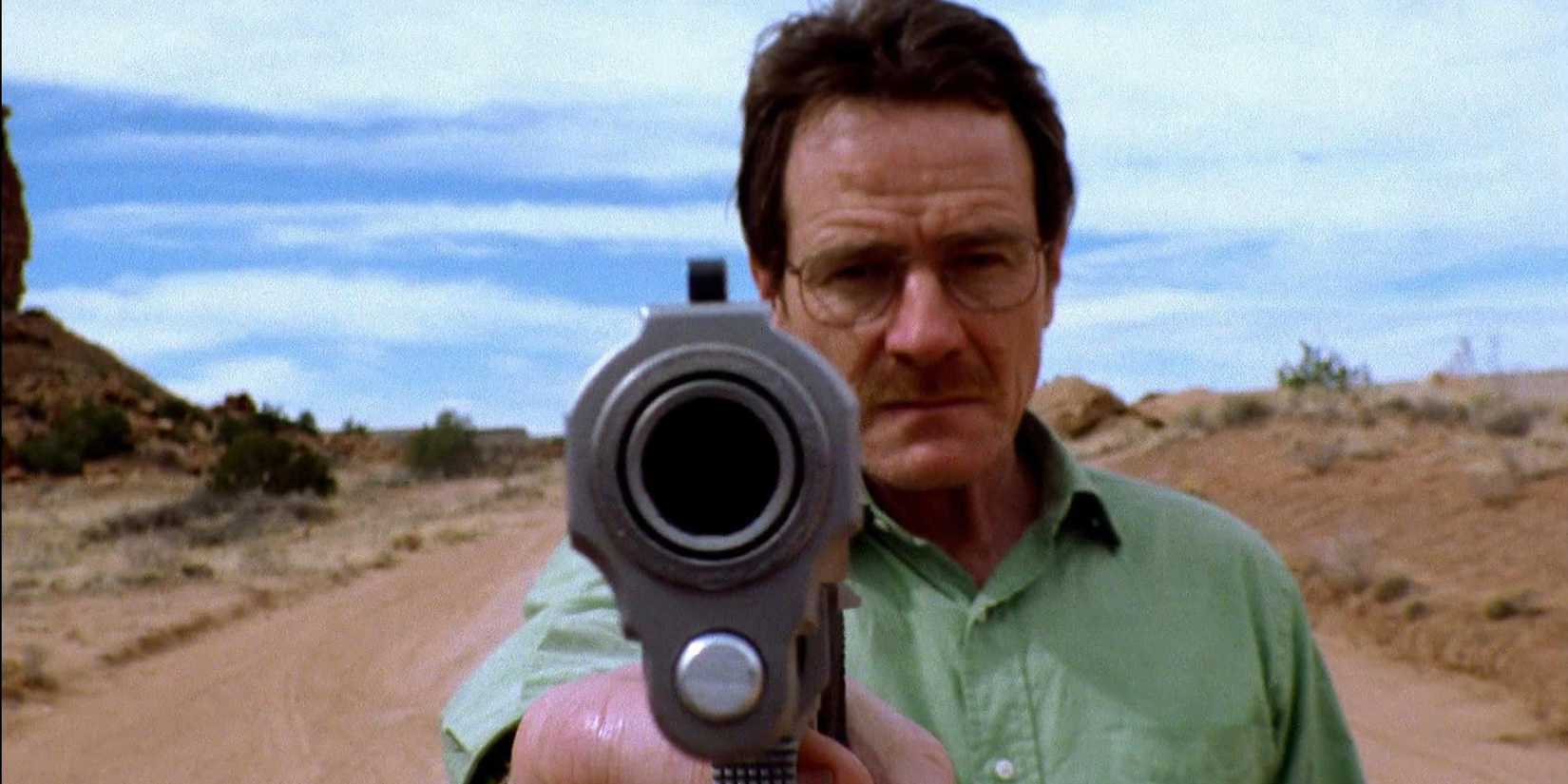 Walter White holding a gun in the Breaking Bad pilot