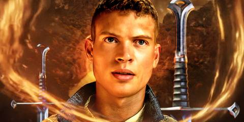 Rand al'Thor wreathed by golden strands of power and two swords on either side