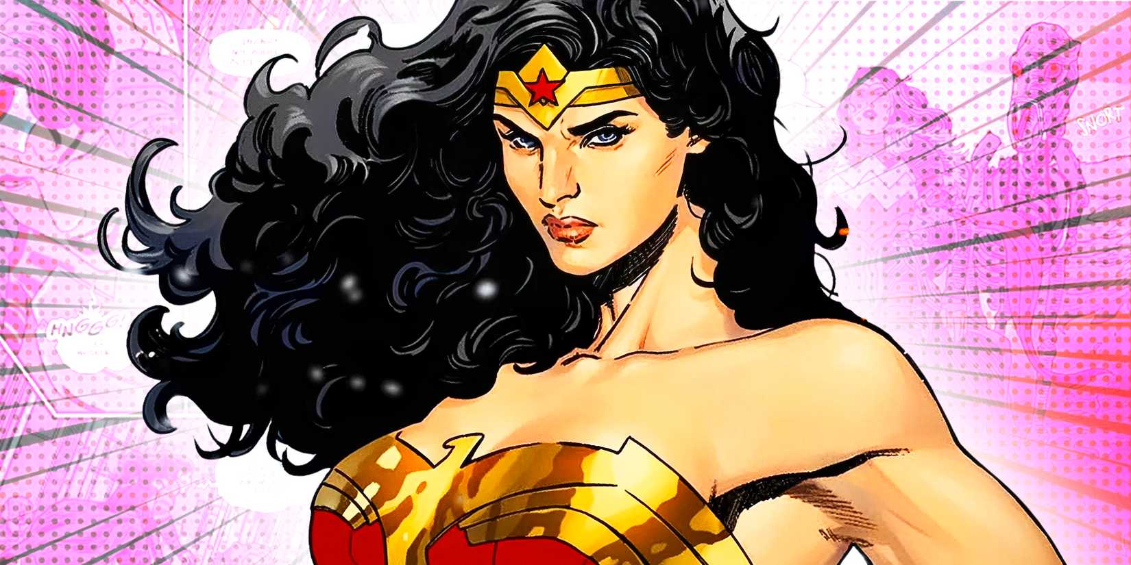 Wonder Woman in the comics on a pink background