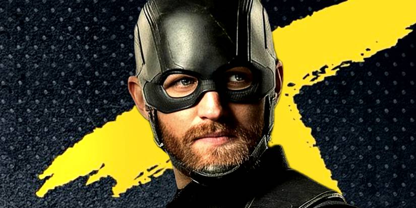 Wyatt Russell's John Walker wears his US Agent helmet in front of a yellow X in Thunderbolts_
