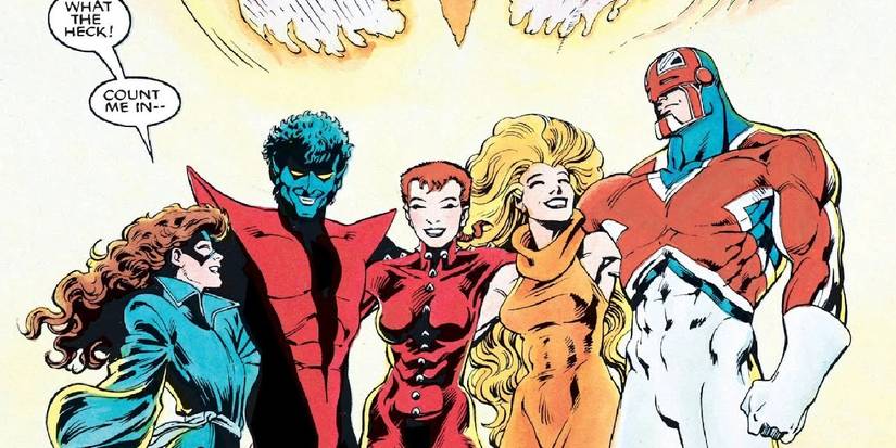 Equipe de Excalibur de X-Men abraçando