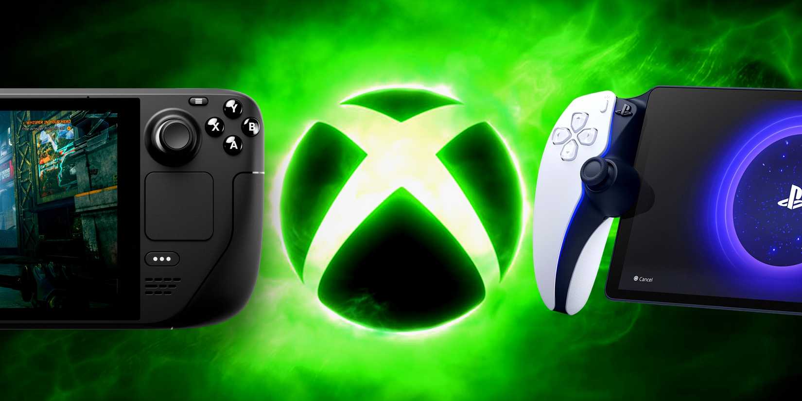 Xbox logo with PlayStation portal and Steam Deck