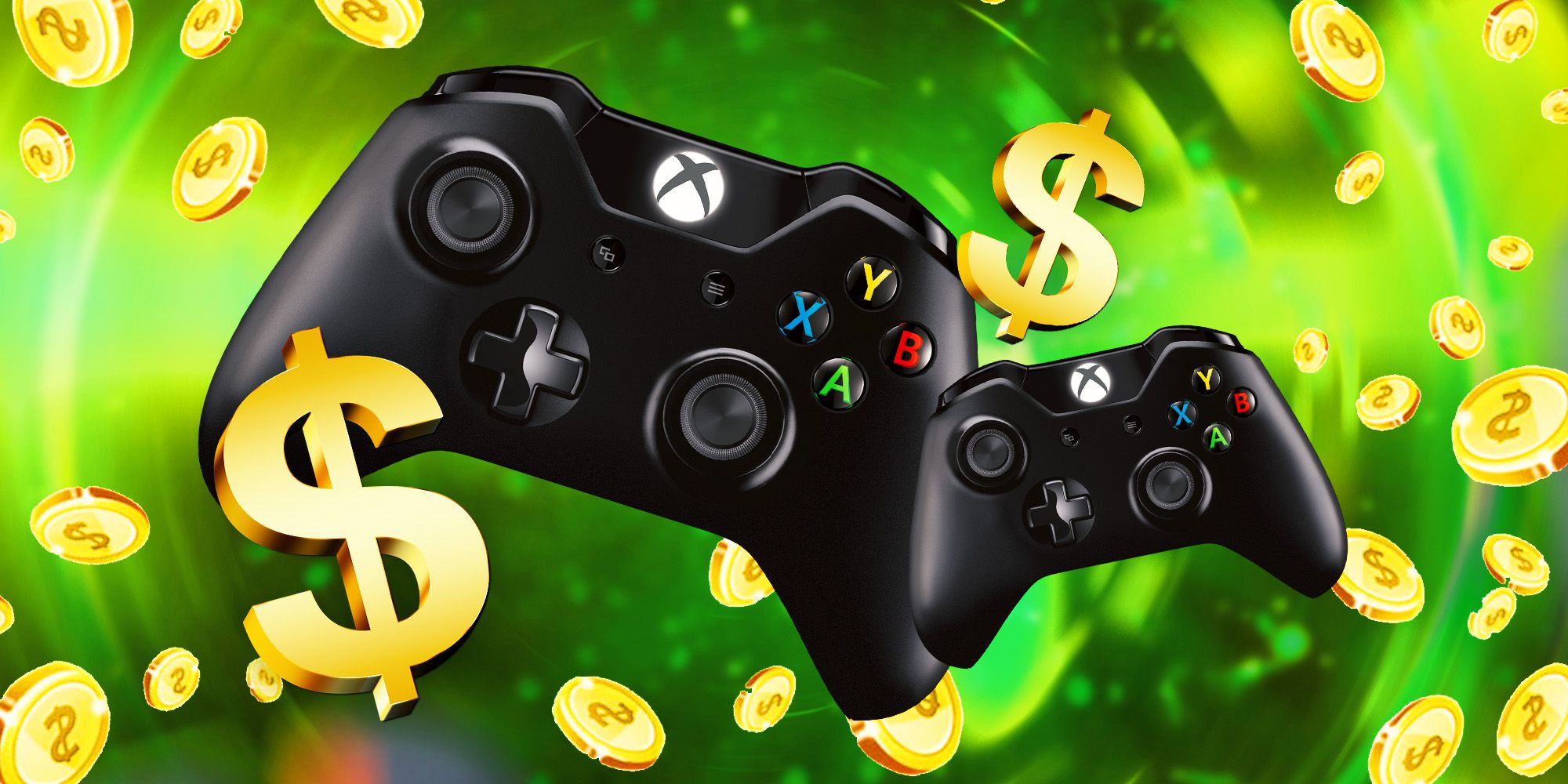 Xbox xonsoles flying with some coins and dollar signs