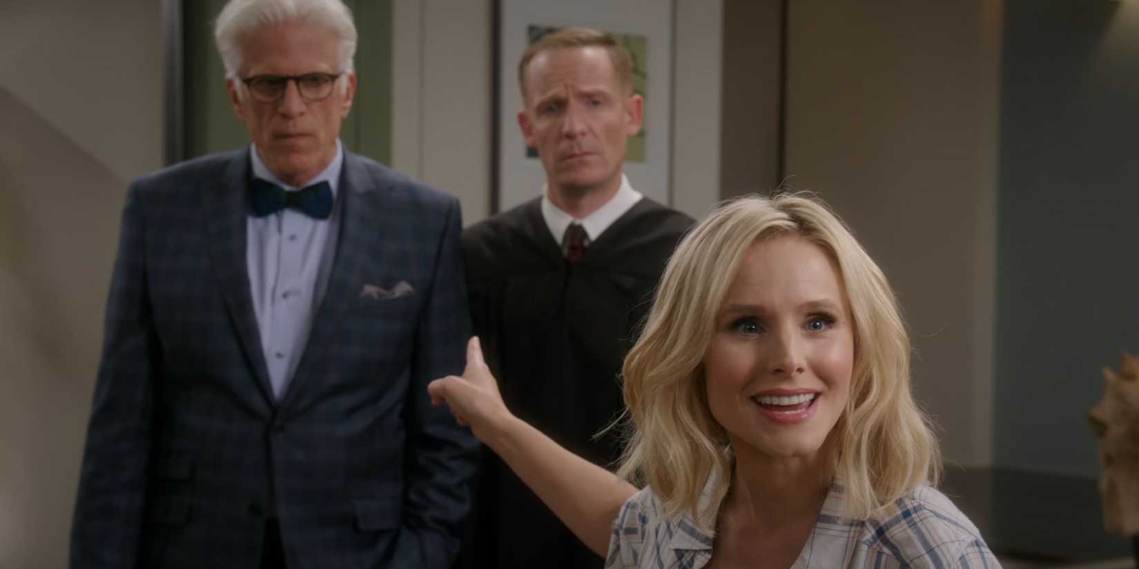 Eleanor pointing at Michael in The Good Place