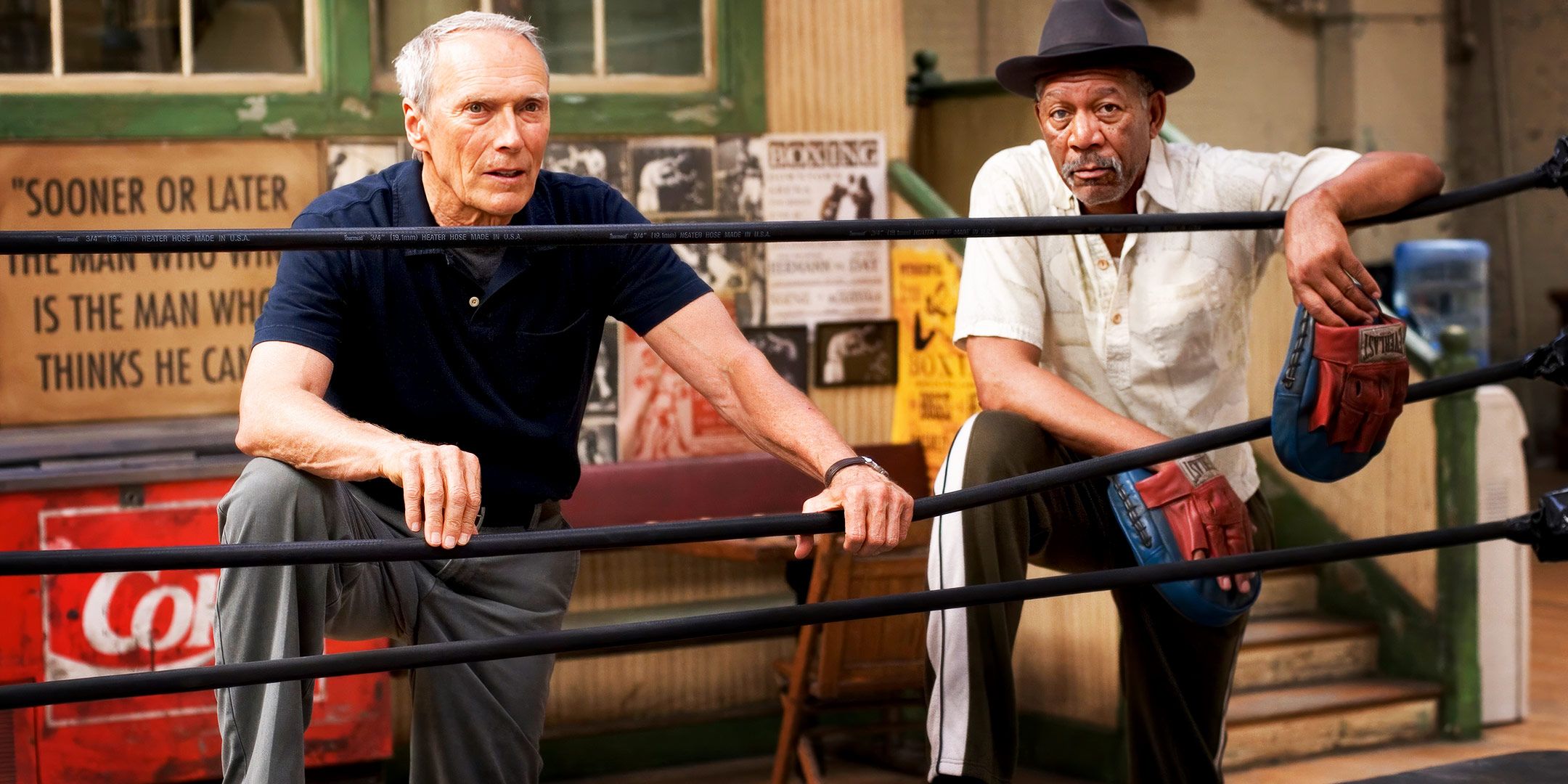 Clint Eastwood as Frankie Dunn and Morgan Freeman as Eddie "Scrap-Iron" Dupris by the boxing ring in Million Dollar Baby.