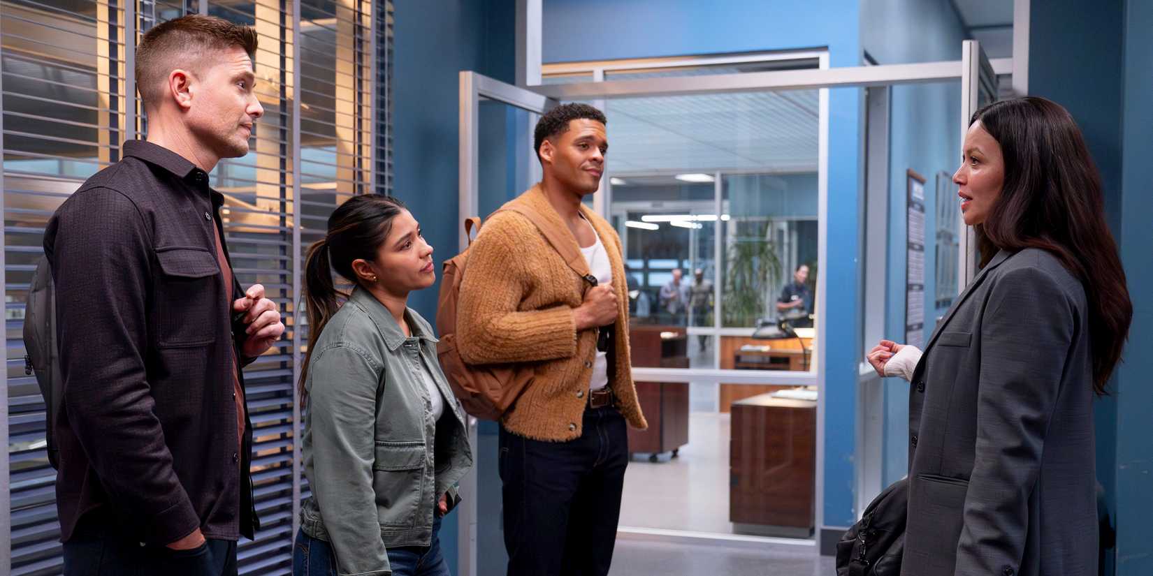 Tim, Celina, Miles, and Lucy outside the elevator in The Rookie season 7
