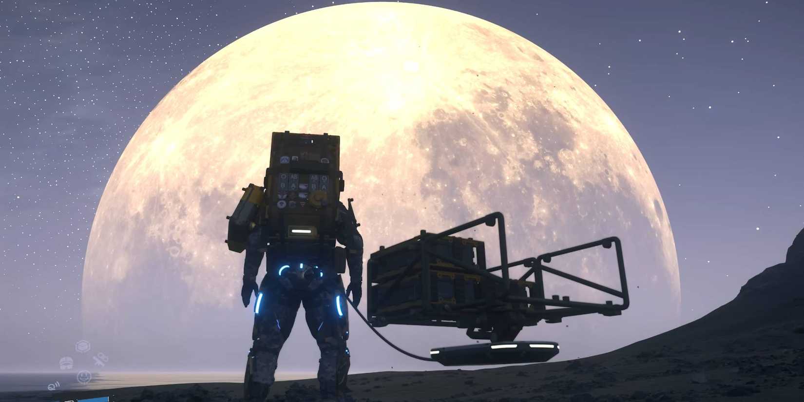 Sam looking at a giant moon in Death Stranding 2