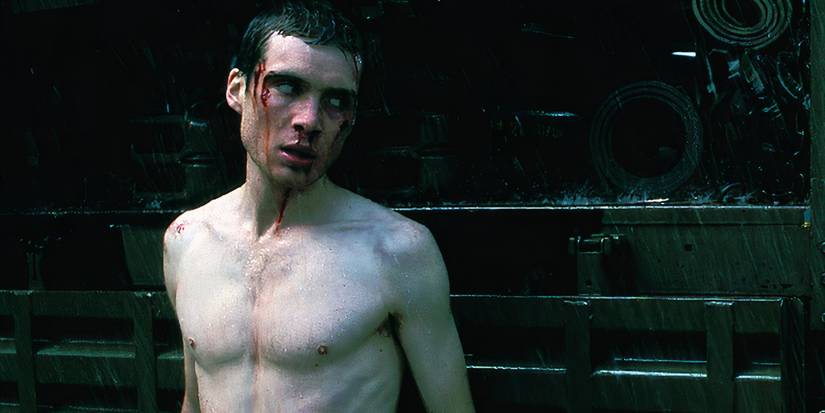 Cillian Murphy's Jim in 28 Days Later, shirtless and with blood trickling down his face