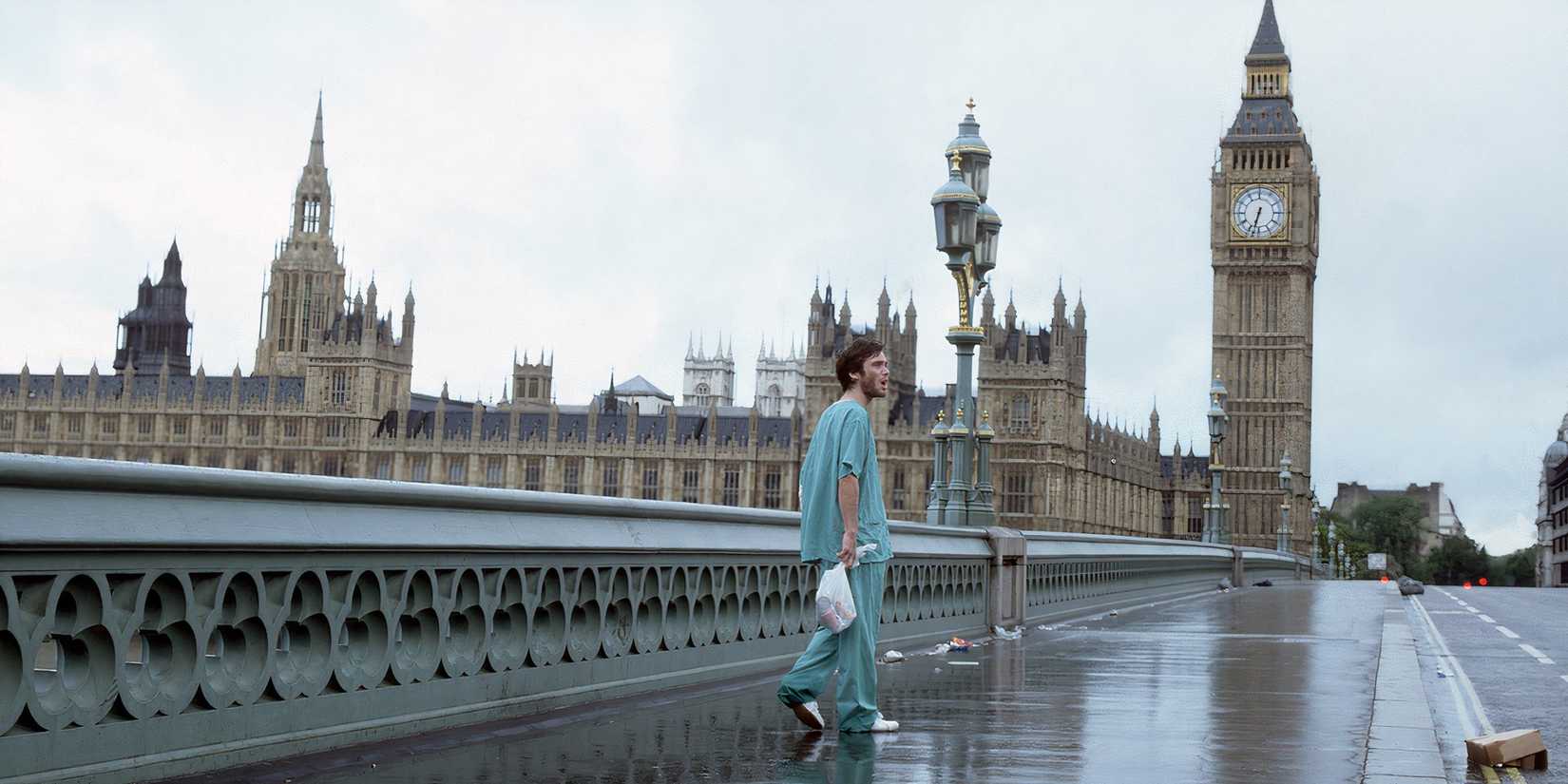 Cillian Murphy walking around London in the opening scene of 28 Days Later, with Parliament and Big Ben in the background