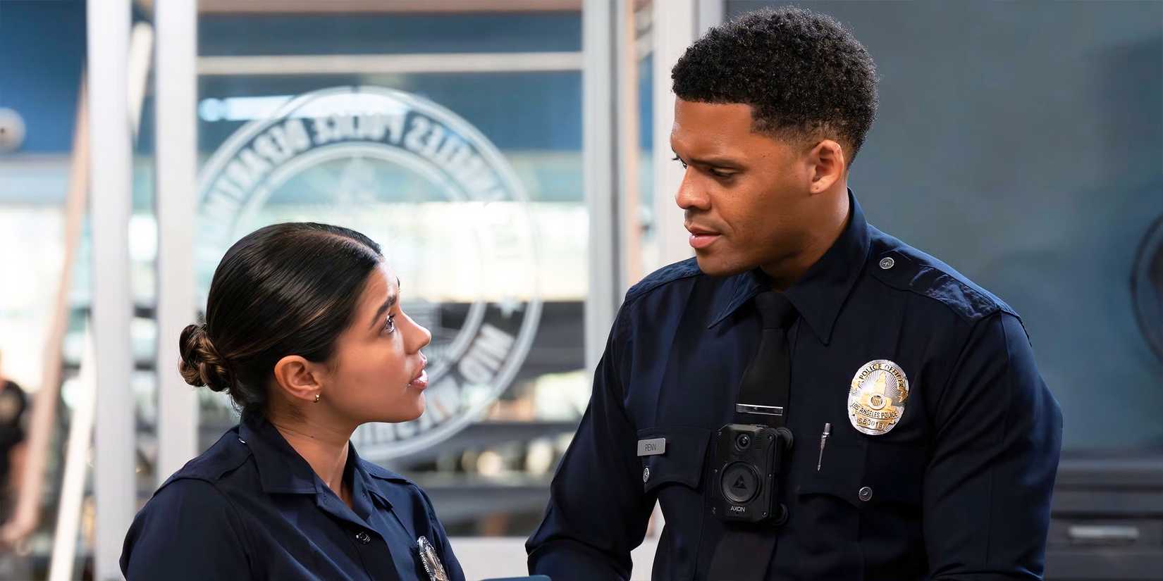 Lisseth Chavez as Celina Juarez and Deric Augustine as Miles Penn in The Rookie.