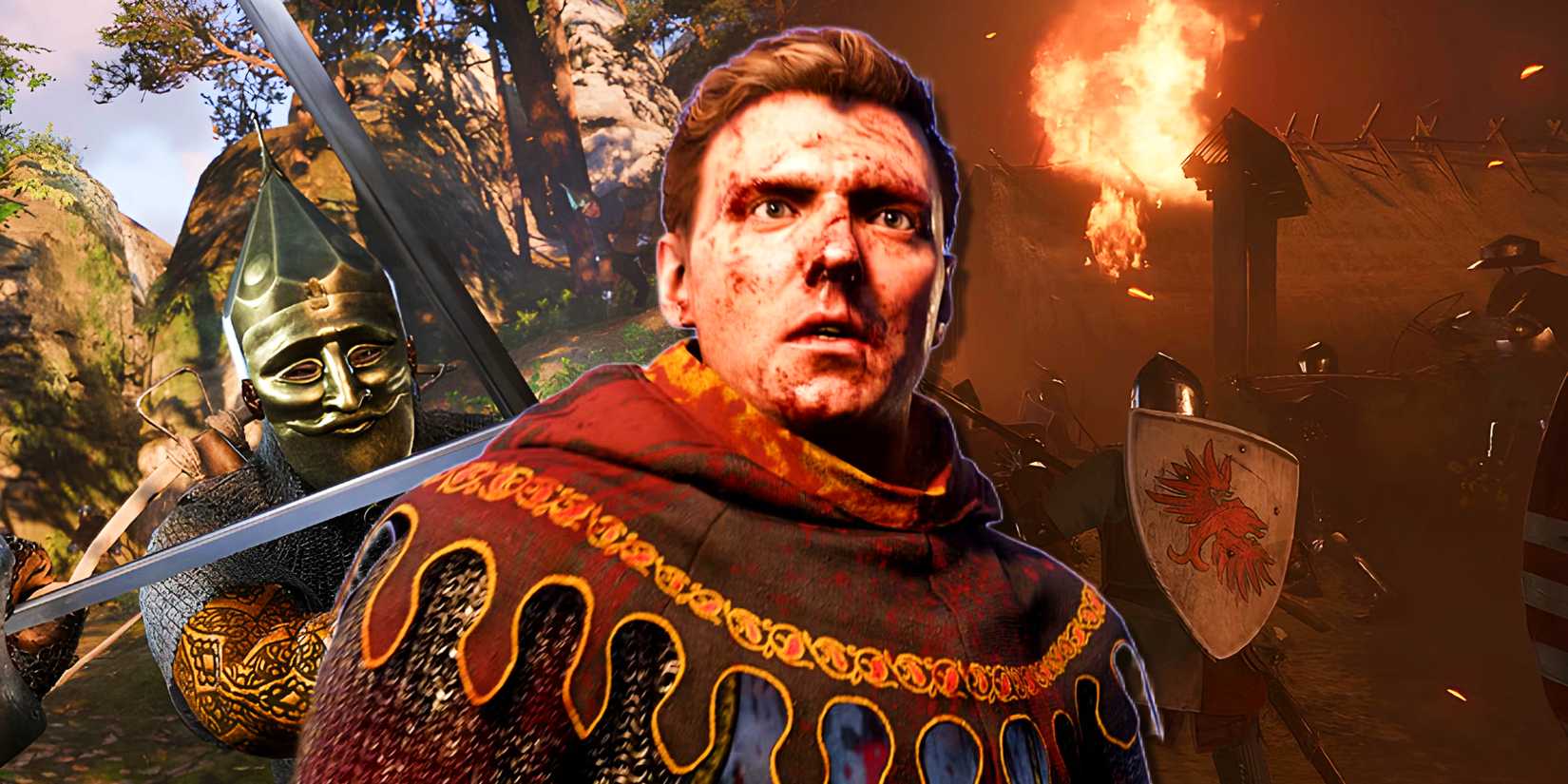 A bloodied Henry from Kingdom Come Deliverance 2 with images of a sword fight and a village on fire.