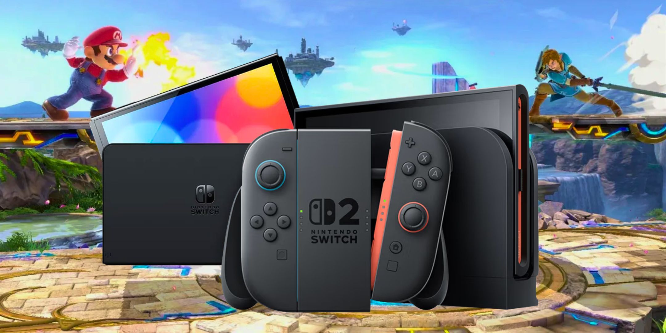 A Nintendo Switch And Nintendo Switch 2 in front of a screenshot from Super Smash Bros Ultimate with Mario and Link