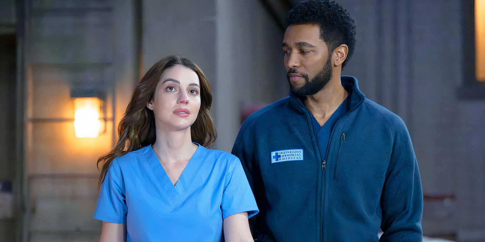 Adelaide Kane as Jules Millin and Anthony Hill as Winston Ndugu in Grey's Anatomy season 21